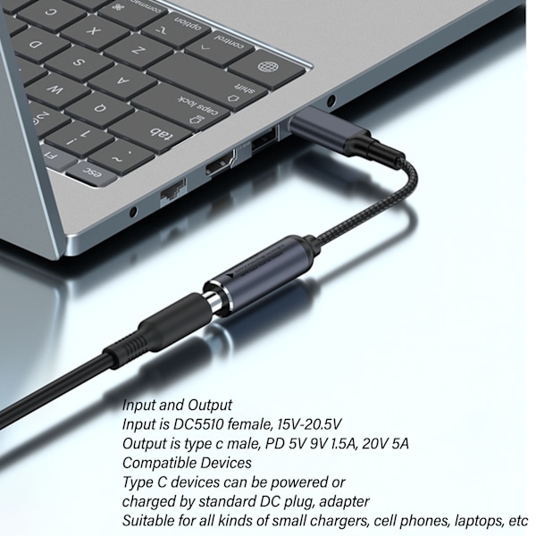 DC 5.5mmx1.0mm till Typ C Laddningskabel Hona till Hane 100W DC5510 till Typ C Strömkabel med PD Auto Identifieringschip