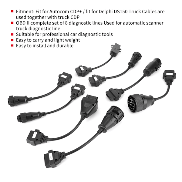 8 st OBD2-förlängningskablar för lastbil, diagnostiskt verktyg, komplett set, svart, DC 12V