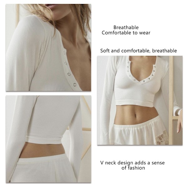 Smal V-ringad Knapp Fram Tank Kort Modell Långärmad Knapp Fram Camisole Tank för Vardagslivet Vit M