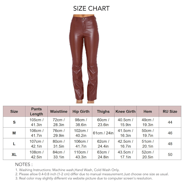 Dam Hög Elastisk PU Läderbyxa Raka Ben PU Läder Leggings Stretch Slim Fit Trendiga Långbyxor Mörkbrun L