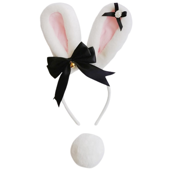 Bunny Ears and tail Set, Plysch Easter Rabbit Ears Pannband Svans White pink+black