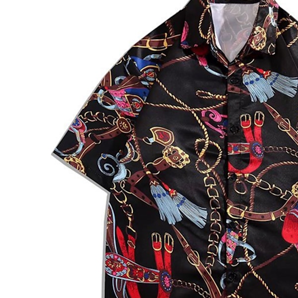 Skjorte Korte Ærmer Knapper Pæn Print Behagelig Løstsiddende Polyester Bluser til Mænd Kvinder Sort L