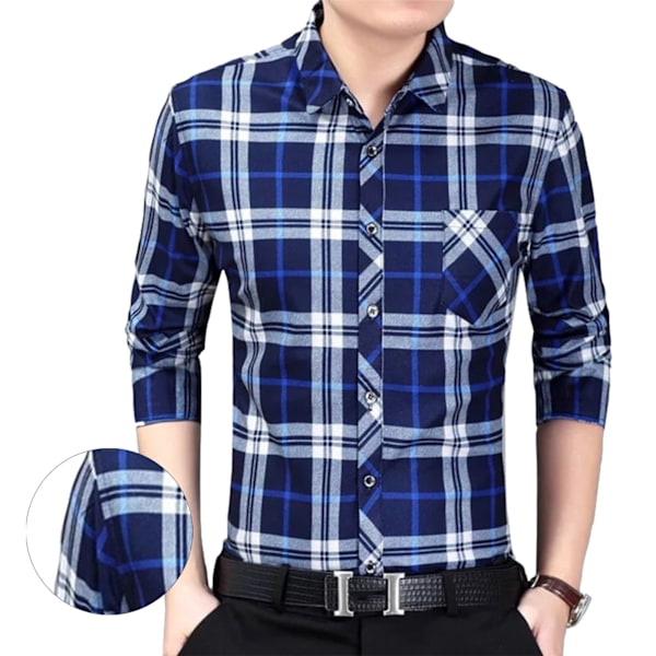 Men Long Sleeve Plaid Shirt Regular Fit Casual Comfortable Top for Home Shopping Dating Office Work Dark Blue XXL