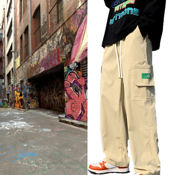 Men Wide Straight Leg Pants Casual Side Pockets Pure Color Drawstring Loose Fitting Trousers Khaki L