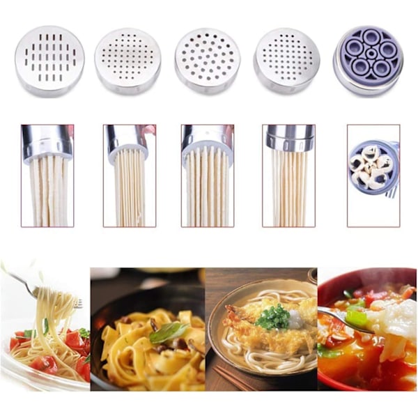 Manuell Pastamaskin för Nudlar, Pressmaskin i Rostfritt Stål för Färsk Pasta och Juice, Inklusive 5 Nudelformar, Ergonomiskt Designad för Komfort,