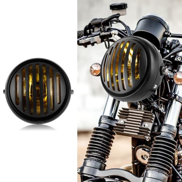 12V Motorcykel Retro Sort Skal Grill Cover Forlygte Frontlygte (Gul)