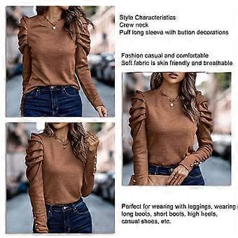 Dame Puff Langermet Topp Rund Hals Knappdekorasjon Løs Passform Casual Pullover Bluse Brun M