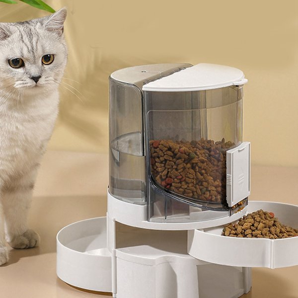 Pet Vandmad Dispenser 2 i 1 Stor Kapacitet Translucent Automatisk Kattefodring Vandbeholder til Hvalp Hund Grå