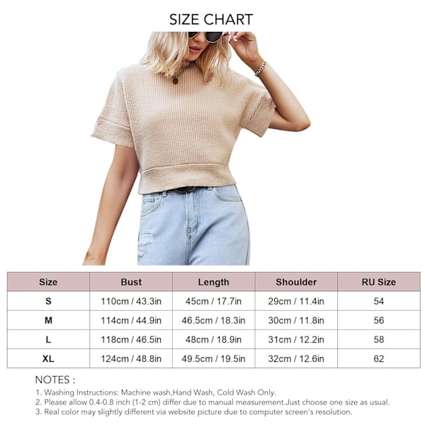 Dam Kortärmad Rundhals Stickad Tröja Enfärgad Lös Passform Sweater Pullover Topp Khaki L