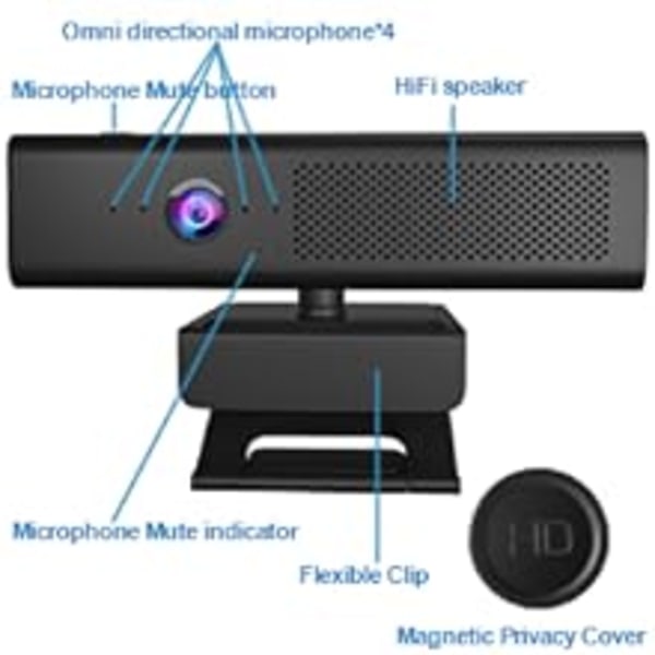 Full HD 1080P datakamera med 4 innebygde rundstrålende mikrofoner og høyttaler for videokonferansestreaming, eksternt USB-webkamera med