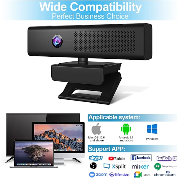 Fuld HD 1080P computerkamera med 4 indbyggede omnidirektionelle mikrofoner og højttaler til videokonferencestreaming, eksternt USB-webcam med