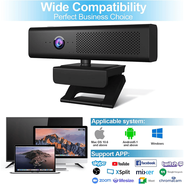 Full HD 1080P -tietokonekamera, jossa on 4 sisäänrakennettua ympärisuuntaista mikrofonia ja kaiutin videokonferenssien suoratoistoa varten, ulkoinen USB verkkokamera