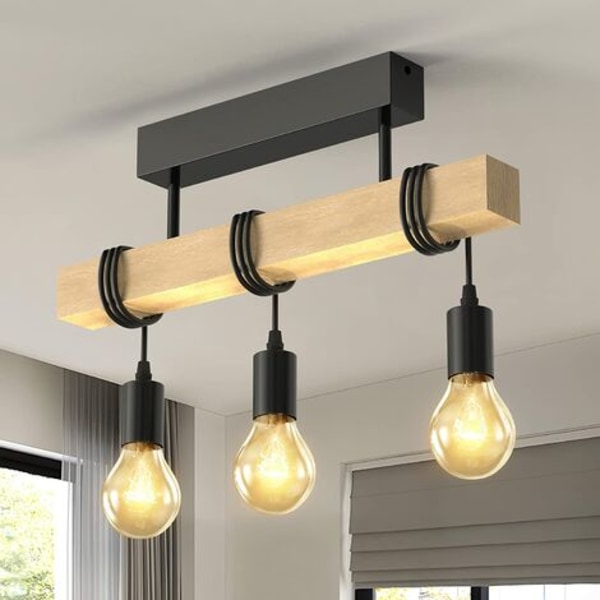 Lantlig Belysning, Massivt Trä & Metallbur Lampskärm Hängande Belysning, E26 Värmebeständigt Uttag, Fullt Dimbar för Vardagsrum