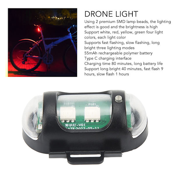 3-läges Drone-signallampa 4 färger Typ C-laddning Drone-kollisionsljus Strobe-lampa Stöd för fjärrkontroll Bil Motorcykel