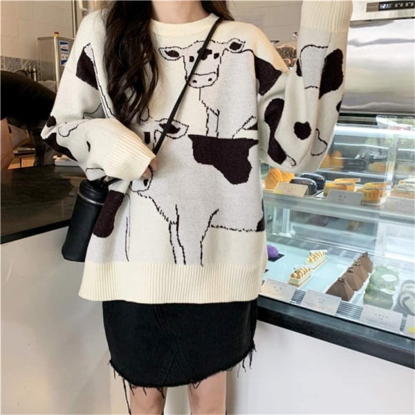 Vintage Casual Løs Lazy Cow Print tyk sweater kvindelige Harajuku kvinders sweatere Japansk Kawaii Cute Pullover