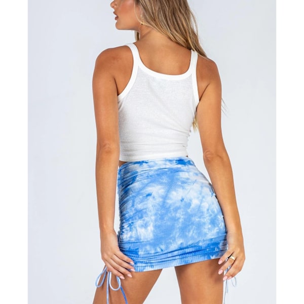 Rynket Ribbet Bodycon Skjørt Tie Dye Elastisk Sidetrekkstreng Rynket Bodycon Skjørt for Kvinner Dating Blå S