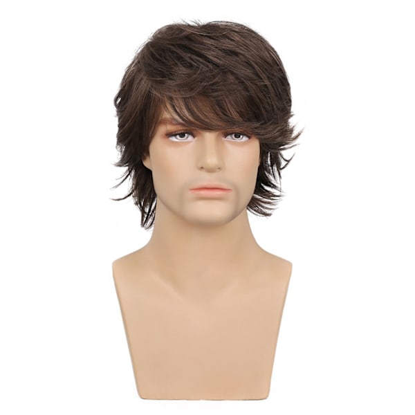 Kort parykk for menn med lange smell, justerbar, brun, myk, simulerende syntetisk rett hår for cosplay