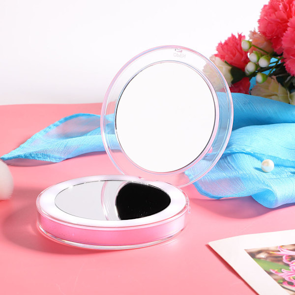 Fällbar kompakt fickspiegel med intelligent sensor LED-ljus sminkspiegel rosa