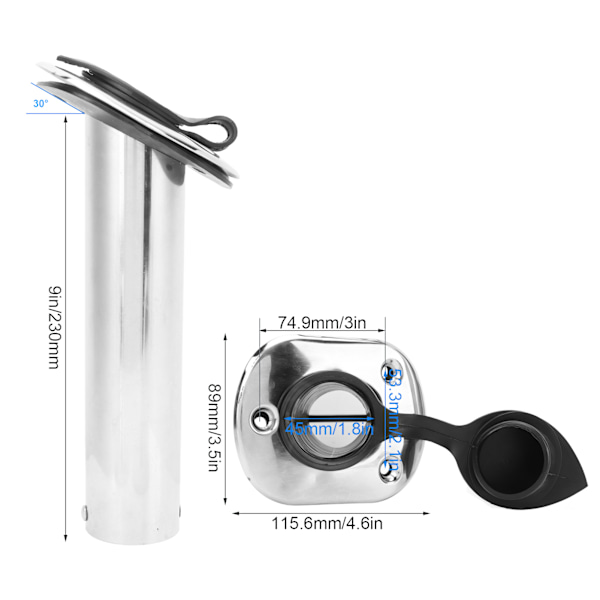 2 st Båtfiskespöshållare 9 tum Flush Mount 316 Rostfritt Stål UV PCV Foder med Lock 30° för Yacht