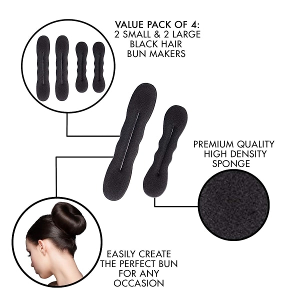 Styla Hair Black Magic Hair Bun Maker 4-pack (2 små, 2 stora)