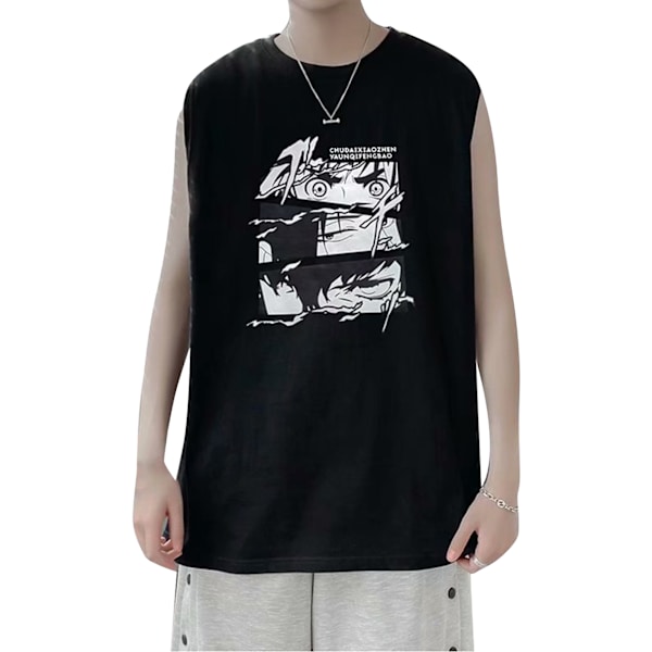 Mænd Tanktop Smuk Print Ærmeløs Løstsiddende Vest Skåret Skjorte til Hjemmetræning Sort XL
