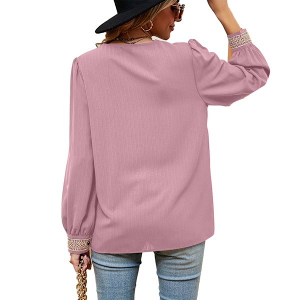Spetskant V-ringad Blus Casual Figurnära Långärmad Guipure Spetsblus för Kvinnor Rosa XXL