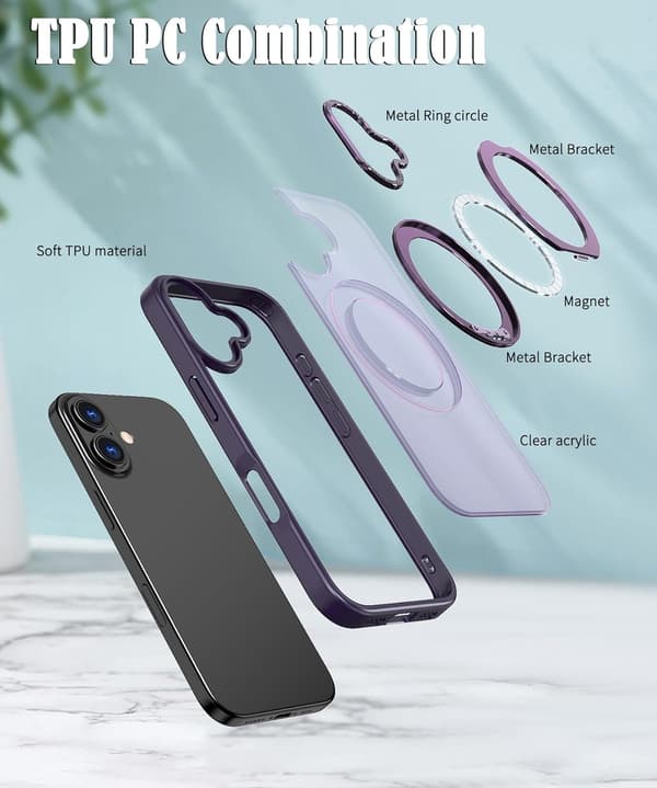 360° roterbart magnetiskt ringfodral för iPhone 16 Plus, stötsäkert skyddsfodral (lila) Purple iPhone 16 Plus