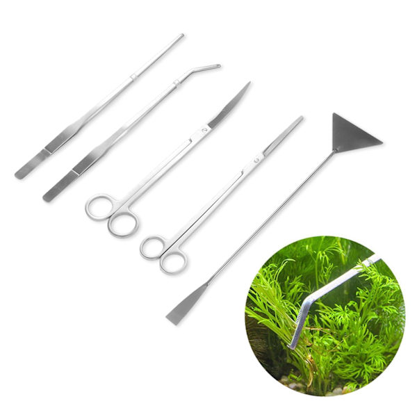 Akvariumsaks Planteverktøy 5 i 1 Rustfritt Stål Akvarium Tang Saks Spatel Verktøy for Akvarium