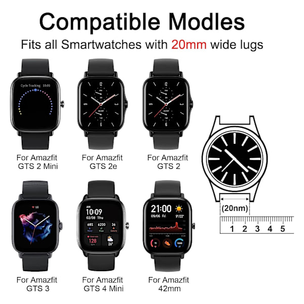 Vaihtokelpoinen urheilukellohihna Amazfit GTS 4:lle - Nopea irrotus, säädettävä silikoninen ranneke 20 mm leveille saranoille, valkoinen