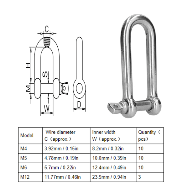 Lang D-formet Shackle 304 Rustfrit Stål Lige Anker Skrue Stift Kæde Trådtov Forbindelse 10 stk M5