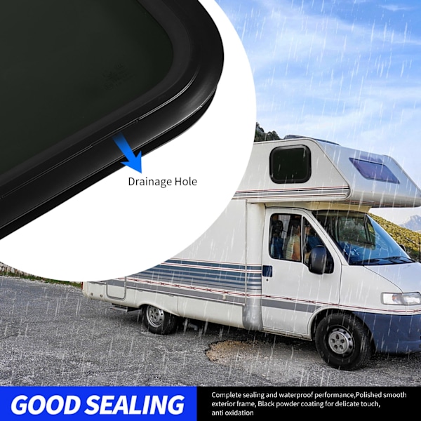 Fastgjort RV-vindue 450 X 300mm Aluminiumlegerings Vandtæt Sort Rundt Hjørne Vindue med Fast Ring til Campervan Caravan til 48‑53mm / 1.9‑2.1in
