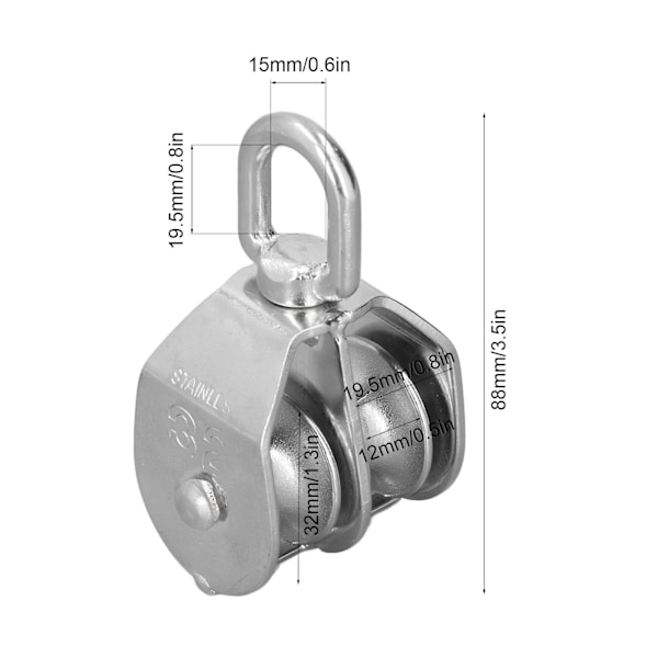 32mm/1,3 tommer Marine Trinse Dobbelt Hjul Rulle 250kg Belastning 304 Rustfrit Stål til Yachter Speedbåde