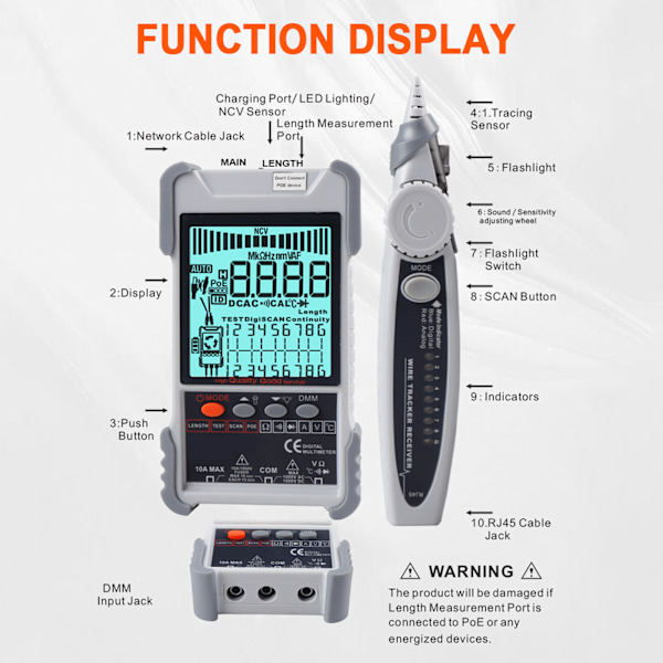 ET616 Netværkskabels Tester Multimeter Multifunktionel Linjefinder med LCD Skærm til Kabelsortering Netværksvedligeholdelse Sortering Telefonledning