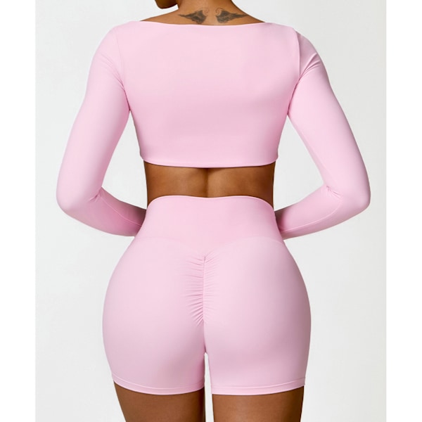 Dam 2-delat Yoga Set Mode Avslappnad Snabbtorkande Andningsbar Elastisk Dam Långärmad Topp Högmidjade Shorts Rosa XL