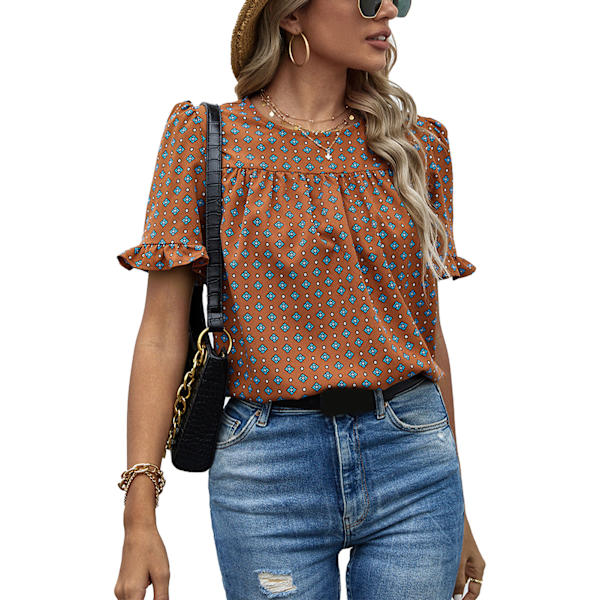 Kvinners Ruffled Korte Ermer Skjorte Blomst Trykt Rund Hals Blouse for Fest Shopping Fritid Reise Utendørs Brun L