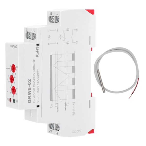 Lämpötilan ohjausrele DIN-kiskoasennukseen, testausanturilla GRW8-02 AC/DC 24V-240V