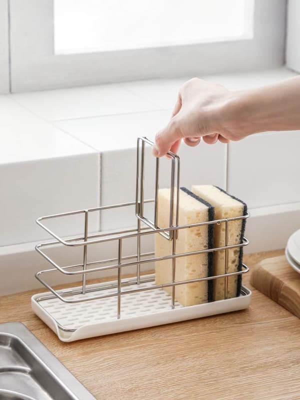 Stilfuld vask organizer, pladsbesparende SUS304 rustfrit stål rustfri køkkenvask caddy med afløbsbakke til opvaskesæbe organizer, moderne og unik