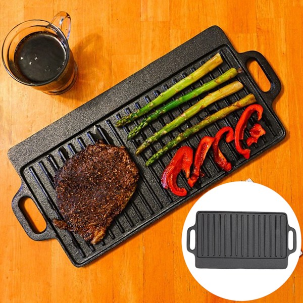 Grillrist Grillplate Hjemmekjøkken Støpejern Teppanyaki Plate Tykk Rektangulær Dobbeltsidig Grill 51x23CM