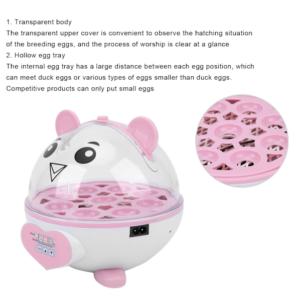 Halvautomatisk Inkubator Hushåll Liten 9 Ägg Inkubator för Kyckling Anka Fågel Duva Vaktel 110-240V(Rosa EU-kontakt)