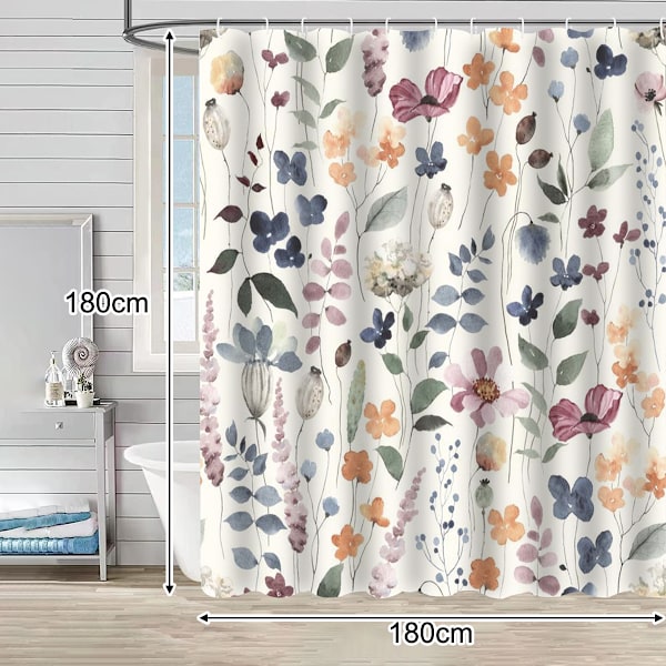 Farverigt Blomster Bruseforhæng, Sød Boho Blomst Stof Bruseforhæng, Funky Vandfarve Vildblomst Trendy Bruseforhæng Sæt, Bohemian Badeværelse Style 2