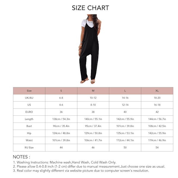 Dam Spaghetti Strap Jumpsuit Lös Passform Casual V-ringad Vida Ben Ärmlös Overall med Fickor Svart XL