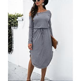 Dame Kjole Polyester Polyurethan Fiber Ensfarvet Off Shoulder Lange Ærmer Elastisk Kjole i Ét Stykke til Efterår Vinter
