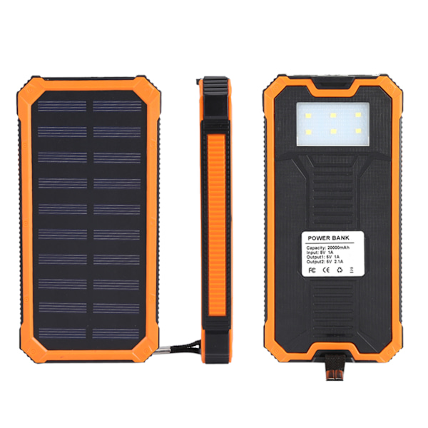 20000mAh Bærbar Solenergi Powerbank Ekstern Batterilader med 6 stk. LED Lys Orange