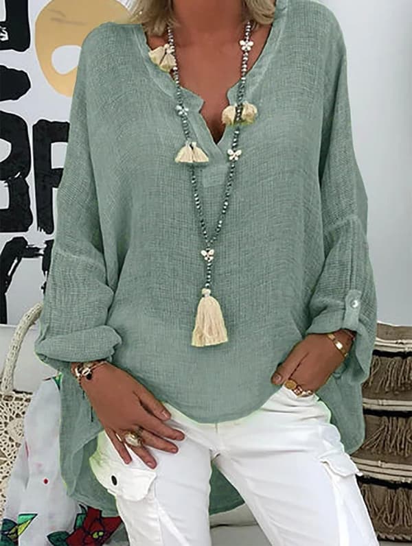 Linbluse damebluse tunika V-hals bluse skjorte langermet skjorte