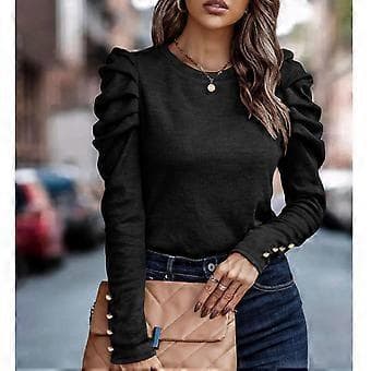 Dame Puff Langærmet Top Rund Hals Knap Dekoration Løs Pasform Casual Pullover Bluse Sort XXL