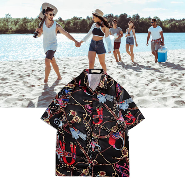 Skjorte Korte Ærmer Knapper Pæn Print Behagelig Løstsiddende Polyester Bluser til Mænd Kvinder Sort XL