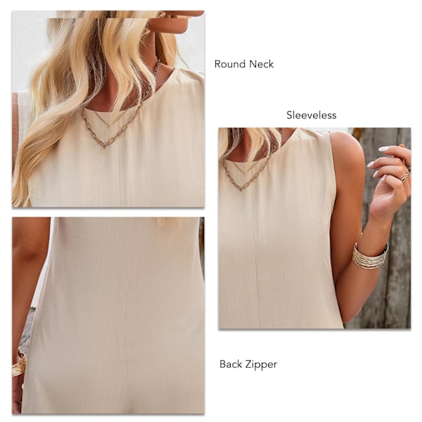 Dam Tank Top Shorts Jumpsuit Casual Ryggdragkedja Rund Hals Sommar Ärmlös Shorts Jumpsuit med Fickor Aprikos L