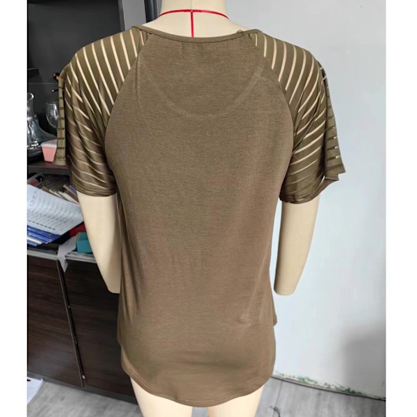 Stripete Mesh Topp med Korte Ermer for Kvinner Løstsittende Casual Elegant Rundhals Skjorte Bluse for Kontor Arbeid Fest OD Grønn M