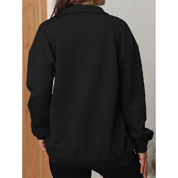 Texturerad Blus med Halv Dragkedja Enfärgad Långärmad Nedhasad Axel Casual Figursydd Blus Svart L