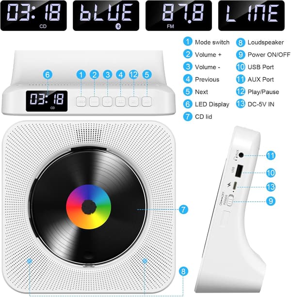 Vit - CD-spelare för skrivbord med Bluetooth Gueray Väggmonterad CD